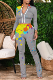 Grey Casual Patchwork Tie-dye Turndown Collar Long Sleeve Two Pieces