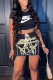 Black Casual Print Patchwork Asymmetrical O Neck Short Sleeve Two Pieces