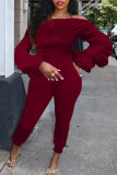 Burgundy Casual Solid Split Joint Off the Shoulder Long Sleeve Two Pieces
