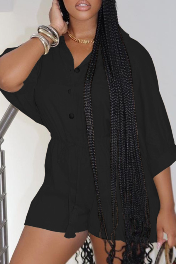 Black Casual Solid Patchwork Turndown Collar Straight Rompers
