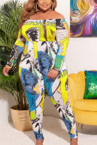 Yellow Sexy Print Patchwork Off the Shoulder Plus Size Jumpsuits