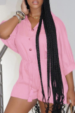 Pink Casual Solid Patchwork Turndown Collar Straight Rompers