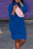 Blue Casual Solid Patchwork Slit Hooded Collar Straight Dresses