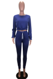 Blue Casual Solid Patchwork O Neck Long Sleeve Two Pieces