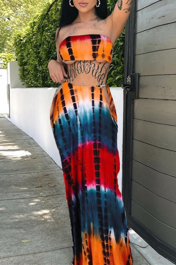Red Fashion Sexy Print Tie Dye Backless Strapless Sleeveless Two Pieces