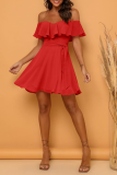 Red Casual Solid Flounce Strapless Cake Skirt Dresses
