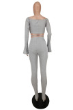 Grey Sexy Casual Solid Bandage Spaghetti Strap Long Sleeve Two Pieces
