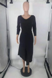 Deep Blue Fashion Casual Solid Asymmetrical V Neck Long Sleeve Dresses