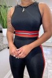Black Casual Solid Patchwork O Neck Two Pieces