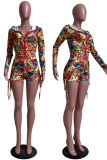 Multicolor Sexy Print Patchwork Hooded Collar Long Sleeve Two Pieces