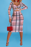 Pink Sexy Plaid Hollowed Out Half A Turtleneck Pencil Skirt Dresses