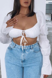 White Sexy Solid Patchwork Square Collar Tops
