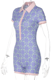Purple Sexy Print Patchwork Turndown Collar Skinny Rompers