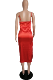 Rose Red Sexy Solid High Opening Spaghetti Strap Pencil Skirt Dresses