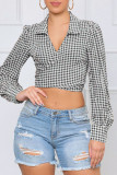 Red Casual Plaid Print Patchwork Turndown Collar Tops
