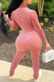 Pink Casual Solid Patchwork Zipper Collar Skinny Jumpsuits