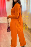 Tangerine Casual Solid Split Joint Asymmetrical O Neck Long Sleeve Two Pieces