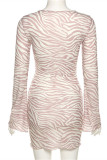 Khaki Fashion Sexy Print Hollowed Out V Neck Long Sleeve Dresses
