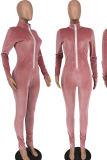 Pink Casual Solid Patchwork Zipper Collar Skinny Jumpsuits