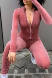 Pink Casual Solid Patchwork Zipper Collar Skinny Jumpsuits