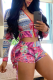 Rose Red Sexy Print Patchwork Hooded Collar Long Sleeve Two Pieces