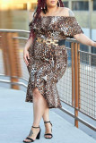 Leopard Print Fashion Plus Size Print Leopard Patchwork Without Belt O Neck Short Sleeve Dress