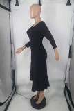 Deep Blue Fashion Casual Solid Asymmetrical V Neck Long Sleeve Dresses