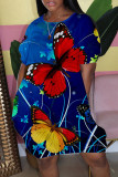 Blue Casual Butterfly Print Patchwork O Neck Ball Gown Dresses