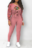Pink Casual Print Hollowed Out O Neck Long Sleeve Two Pieces