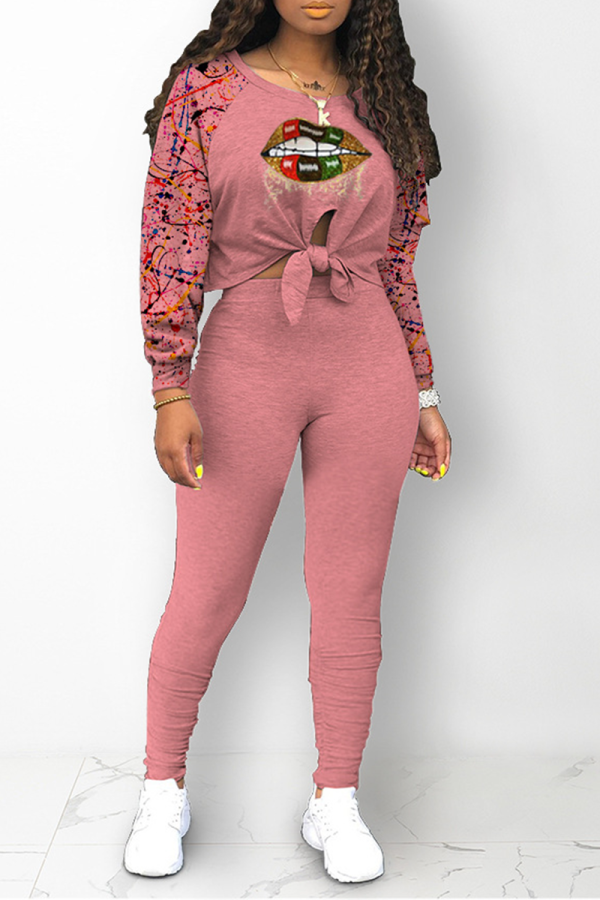 Pink Casual Print Hollowed Out O Neck Long Sleeve Two Pieces