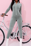 Pink Casual Solid Patchwork Zipper Collar Skinny Jumpsuits