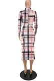 Pink Sexy Plaid Hollowed Out Half A Turtleneck Pencil Skirt Dresses