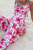 Pink Sexy Print Patchwork Halter Straight Jumpsuits