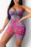 Red Casual Print Patchwork Spaghetti Strap Sleeveless Two Pieces