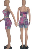 Red Casual Print Patchwork Spaghetti Strap Sleeveless Two Pieces