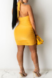 Yellow Sexy Print Hollowed Out Patchwork Backless Halter Pencil Skirt Dresses