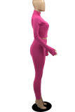 Rose Red Casual Solid Patchwork Zipper Collar Long Sleeve Two Pieces
