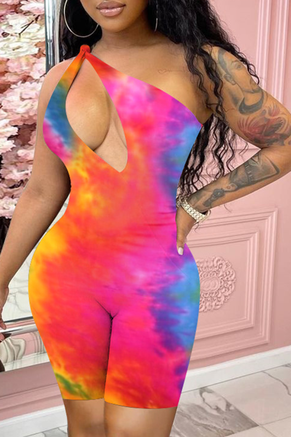 Pink Sexy Patchwork Tie-dye One Shoulder Skinny Rompers
