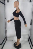 Black Fashion Sexy Solid Hollowed Out O Neck Long Sleeve Two Pieces