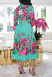 Yellow Casual Print Split Joint Turndown Collar Cake Skirt Dresses