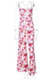 Pink Sexy Print Patchwork Halter Straight Jumpsuits
