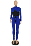 Deep Blue Fashion Casual Patchwork Bandage Half A Turtleneck Long Sleeve Two Pieces