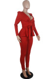 Red Sexy Solid With Bow V Neck Long Sleeve Two Pieces