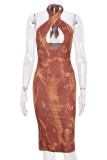 Brown Fashion Sexy Print Hollowed Out Backless Halter Sleeveless Dress