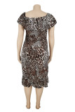 Leopard Print Fashion Plus Size Print Leopard Patchwork Without Belt O Neck Short Sleeve Dress