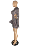 Grey Sexy Print Hollowed Out Half A Turtleneck Pencil Skirt Dresses