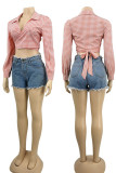 Red Casual Plaid Print Patchwork Turndown Collar Tops