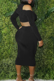 Black Fashion Sexy Solid Hollowed Out O Neck Long Sleeve Two Pieces