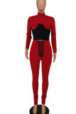 Deep Blue Fashion Casual Patchwork Bandage Half A Turtleneck Long Sleeve Two Pieces