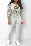 Pink Casual Print Hollowed Out O Neck Long Sleeve Two Pieces